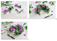 Tying a wreath of scented pelargoniums