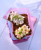 Smoked trout cream and an apple and leek spread on wholemeal bread in a Tupperware container