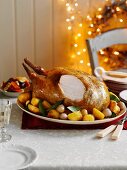 Roast turkey for Christmas dinner, partly sliced