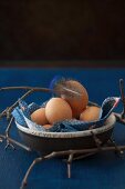 Eier in einer Schüssel mit Feder und Zweigen