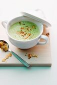 Cream of broccoli soup with flaked almonds