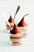 Pears poached in red wine with cinnamon risotto