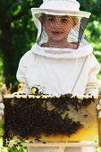 A girl holding a honeycomb covered with bees