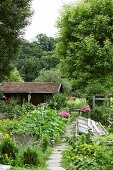 Sommerlicher Bauerngarten mit Haus und hohen Laubbäumen im Hintergrund