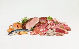 Stillleben mit Fleisch, Wurst und Fisch