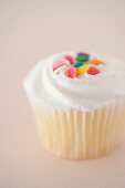 Cupcake with Pink Frosting and Colorful Candy Sprinkles