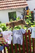 Cat walking across T-shirts with hand-sewn animal motifs on garden fence