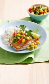 Grilled fish with mango salsa and coconut rice