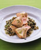 Fried salmon with lentils