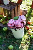 Vintage Holzkiste mit geernteten Äpfeln und Email-Eimer mit rot-weiß dekorierten Einmachgläsern im Garten