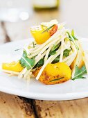 Pasta with sweet potatoes, rocket and chilli