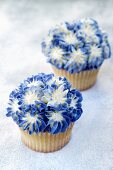 Lavender cupcakes topped with blue-and-white cream