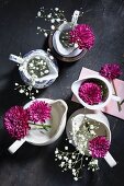 Purple chrysanthemums and gypsophila in jugs