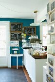 Nostalgic sales room with slate boards on blue wall