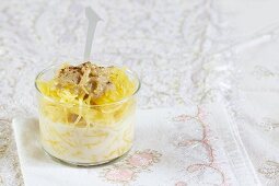 A dessert made with spaghetti squash, pear, vanilla and carob bean gum