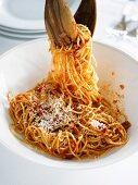 Spaghetti amatriciana with Parmesan cheese