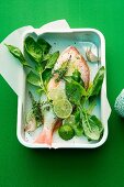 Bream with basil and limes on a piece of paper