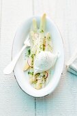 Asparagus with poached egg and a radish and chive vinaigrette