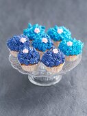 Cupcakes decorated with blue buttercream and sugar flowers