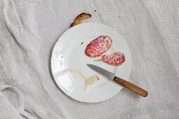 Slices of salami, sausage skin, a knife and a piece of bread on a white porcelain plate