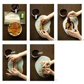 Chinesische Pfannkuchen mit vegetarischer Pekingente füllen; daneben süsse Bohnensauce in einem Schälchen