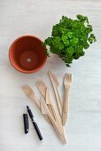 Terracotta pot, waterproof pen and wooden disposable cutlery for use as plant labels
