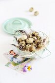 Quails' eggs, feathers and Easter greetings cards