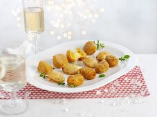 Frittierte Käsebällchen und Weißwein zu Weihnachten