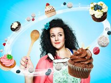 A woman surrounded by flying cupcakes