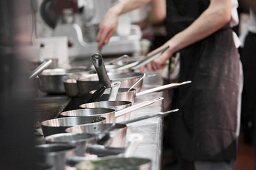 Pots and pan in a commercial kitchen