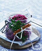 Red cabbage in a preserving jar