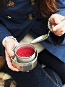 Beetroot soup in a Thermos flask for an autumnal picnic