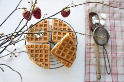 Waffles with butter and honey under a Christmas sprig