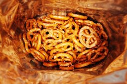 A bag of salt pretzels (seen from above)