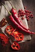 Chillis: peppers, dried, powder and peppercorns