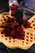 Waffles with cherry compote