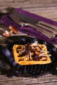 Gorgonzola waffles with shiitake mushrooms and bean sprouts