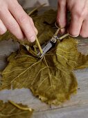 Vine leaves being prepared