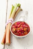 Rhubarb chutney with red onions, raisins, pink pepper, garlic and cumin
