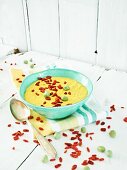 Sweetcorn and Jerusalem artichoke soup with goji berries