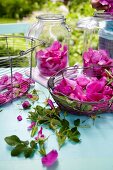Wild roses in baskets and jar on a table outside