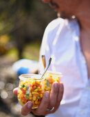Carrot and cucumber salad with sweetcorn for a spring picnic