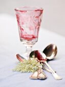 Leer gegessenes Dessertglas von Holunderblütengrütze