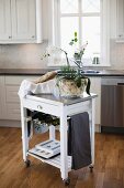 Potted orchid on butchers' block trolley with small wine rack in country-house kitchen