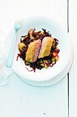 Duck breast with a chestnut crusty, caramelised apples and red cabbage