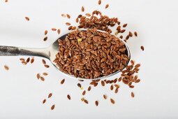 A spoonful of organic flax seeds (seen from above)