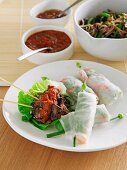 Vietnamesische Sommerrollen und Rindfleischsspießchen mit Saucen, dazu Nudel-Bohnensalat