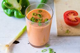Gazpacho smoothie made with tomato, cucumber and peppers
