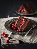 Creamy chocolate cake with fresh cherries