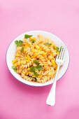 Spicy fusilli pasta with sweetcorn and parsley